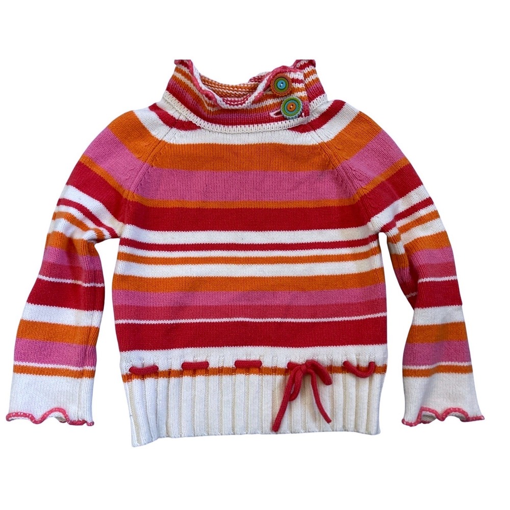 Obermeyer Sweater Kids Size S Pink Orange White Striped Mock Neck Knit Tie Hem